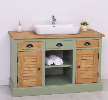 Dulap baie cu 2 usi lamelare - lavoarele nu sunt incluse in pret de la Rustic Butique PS667 - Culoare Top_P002 - Culoare Corp_P054 - Culoare Usi si Sertare_P002 - DUBLU COLOR