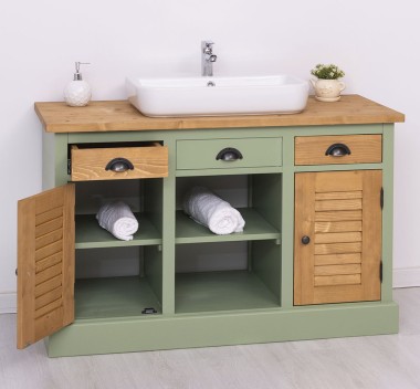 Dulap baie cu 2 usi lamelare - lavoarele nu sunt incluse in pret de la Rustic Butique PS667 - Culoare Top_P002 - Culoare Corp_P054 - Culoare Usi si Sertare_P002 - DUBLU COLOR