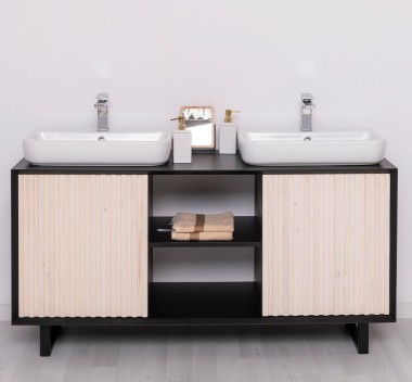 Mobila baie cu 2 usi, 2 lavoare si baterii sanitare- inclus in preti Slatted - Culoare Corp_P003 - Culoare Usi_P095 - DUBLU CO de la Rustic Butique PS759 - Culoare Corp_P003 - Culoare Usi_P095 - DUBLU COLOR