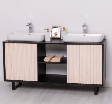 Mobila baie cu 2 usi, 2 lavoare si baterii sanitare- inclus in preti Slatted - Culoare Corp_P003 - Culoare Usi_P095 - DUBLU CO de la Rustic Butique PS759 - Culoare Corp_P003 - Culoare Usi_P095 - DUBLU COLOR