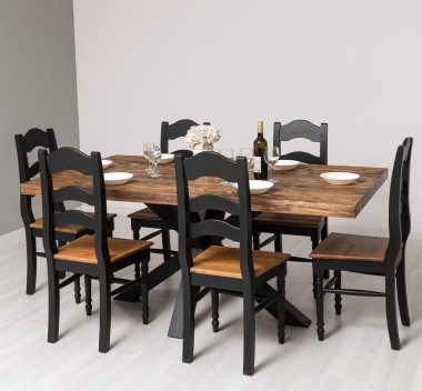 Masa dining din brad cu picior central in X , lungime 180 cu 6 scaune blat stejar - Culoare Top_P064 - Culoare Corp_P003 - DUBLU de la Rustic Butique OUTPS715 + 6 X PS203 - Culoare Top_P064 - Culoare Corp_P003 - DUBLU COLOR 