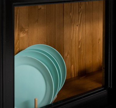 Bufet cu vitrina, 6 usi glisante, 3 sertare cu sine - Culoare Ext._P150 / Culoare Int._P001 - DUBLU COLOR de la Rustic Butique OUTPS727BAS+SUP - Culoare Ext._P150 / Culoare Int._P001 - DUBLU COLOR