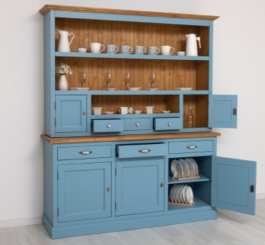 Bufet bucatarie 3 usi, 3 sertare cu sine BAS + rafturi deschise, 2 usi, 3 sertare cu sine SUP - Culoare Top_P002 - Culoare Ext._ de la Rustic Butique OUTPS403BAS+SUP - Culoare Top_P002 - Culoare Ext._P053 / Culoare Int._P002 - DUBLU COLOR
