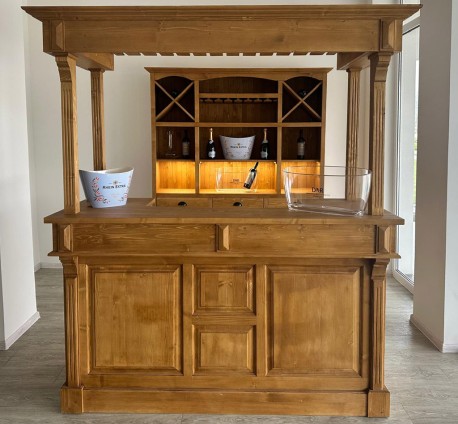 Mobilier cafenea 180 cm lungime - blat pin cu galerie + mobilier de bar cu banda de led - Culoare_P001 - CERUIT de la Rustic Butique OUTPS1001-180+GAL+PS698 - Culoare_P001 - CERUIT