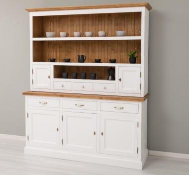 Bufet bucatarie 3 usi BAS + rafturi deschise, 2 usi, 3 serare SUP - Culoare Top_P001 - Culoare Ext._P004 / Culoare Int._P001 - D de la Rustic Butique PS403BAS+SUP - Culoare Top_P001 - Culoare Ext._P004 / Culoare Int._P001 - DUBLU COLOR