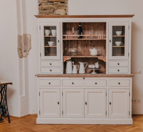 Bufet cu 4 usi, 4 sertare BAS + 2 usi sticla, 4 sertare, spatiu deschis SUP de la Rustic Butique PS365BAS+SUP - Culoare Top si Cornisa_P071 - Culoare Ext._P039 / Culoare Int._P071 - DUBLU COLOR