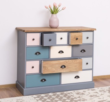 Comoda cu 13 sertare de la Rustic Butique PS103 - Culoare Top_P001 - Culoare Corp_P042 - Culoare Sertare_Multicolor - MULTICOLOR
