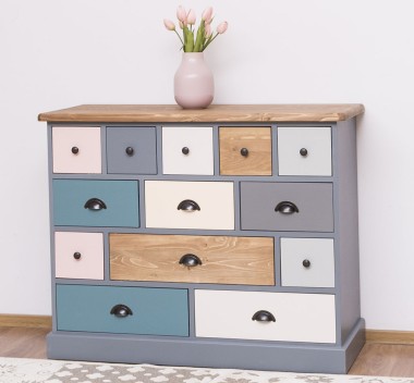 Comoda cu 13 sertare de la Rustic Butique PS103 - Culoare Top_P001 - Culoare Corp_P042 - Culoare Sertare_Multicolor - MULTICOLOR
