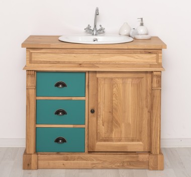 Dulap baie ornamental cu 3 sertare si 1 usa, din stejar, lavoar inclus in pret - Culoare Corp_P061 - Culoare Sertare_P117 - DUBL de la Rustic Butique OUTOPS543 - Culoare Corp_P061 - Culoare Sertare_P117 - DUBLU COLOR