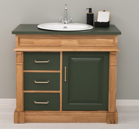 Dulap baie ornamental cu 3 sertare si 1 usa, din stejar, lavoar inclus in pret - Culoare Top_P115 - Culoare Corp_P061 - Culoare  de la Rustic Butique OUTOPS543 - Culoare Top_P115 - Culoare Corp_P061 - Culoare Usi si Sertare_P115 - DUBLU COLOR