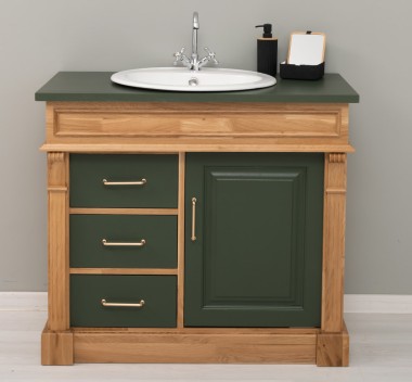 Dulap baie ornamental cu 3 sertare si 1 usa, din stejar, lavoar inclus in pret - Culoare Top_P115 - Culoare Corp_P061 - Culoare  de la Rustic Butique OUTOPS543 - Culoare Top_P115 - Culoare Corp_P061 - Culoare Usi si Sertare_P115 - DUBLU COLOR