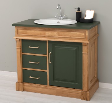 Dulap baie ornamental cu 3 sertare si 1 usa, din stejar, lavoar inclus in pret - Culoare Top_P115 - Culoare Corp_P061 - Culoare  de la Rustic Butique OUTOPS543 - Culoare Top_P115 - Culoare Corp_P061 - Culoare Usi si Sertare_P115 - DUBLU COLOR