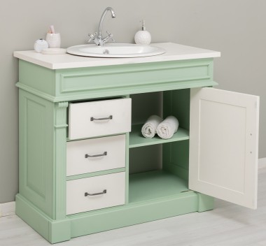 Dulap baie ornamental cu 3 sertare si 1 usa, din stejar, lavoar inclus in pret - Culoare Top_P039 - Culoare Corp_P092 - Culoare  de la Rustic Butique OUTOPS543 - Culoare Top_P039 - Culoare Corp_P092 - Culoare Usi si Sertare_P039 - DUBLU COLOR