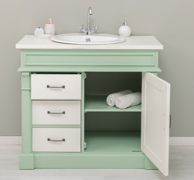 Dulap baie ornamental cu 3 sertare si 1 usa, din stejar, lavoar inclus in pret - Culoare Top_P039 - Culoare Corp_P092 - Culoare  de la Rustic Butique OUTOPS543 - Culoare Top_P039 - Culoare Corp_P092 - Culoare Usi si Sertare_P039 - DUBLU COLOR