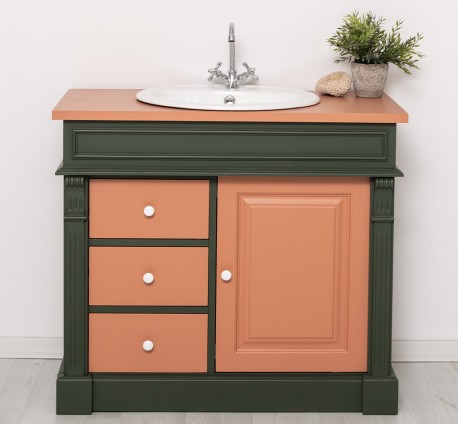 Dulap baie ornamental cu 3 sertare si 1 usa, din stejar, lavoar inclus in pret - Culoare Top_P112 - Culoare Corp_P115 - Culoare  de la Rustic Butique OUTOPS543 - Culoare Top_P112 - Culoare Corp_P115 - Culoare Usi si Sertare_P112 - DUBLU COLOR
