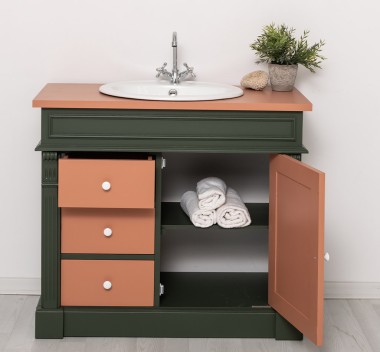 Dulap baie ornamental cu 3 sertare si 1 usa, din stejar, lavoar inclus in pret - Culoare Top_P112 - Culoare Corp_P115 - Culoare  de la Rustic Butique OUTOPS543 - Culoare Top_P112 - Culoare Corp_P115 - Culoare Usi si Sertare_P112 - DUBLU COLOR