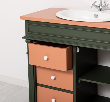 Dulap baie ornamental cu 3 sertare si 1 usa, din stejar, lavoar inclus in pret - Culoare Top_P112 - Culoare Corp_P115 - Culoare  de la Rustic Butique OUTOPS543 - Culoare Top_P112 - Culoare Corp_P115 - Culoare Usi si Sertare_P112 - DUBLU COLOR