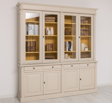Biblioteca cu 4 usi, 4 sertare BAS + 4 usi sticla SUP, Colectia Directoire de la Rustic Butique PS16BAS + PS72SUP - Culoare Ext._P024 / Culoare Int._P050 - DUBLU COLOR