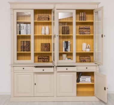 Biblioteca cu 4 usi, 4 sertare BAS + 4 usi sticla SUP, Colectia Directoire de la Rustic Butique PS16BAS + PS72SUP - Culoare Ext._P024 / Culoare Int._P050 - DUBLU COLOR