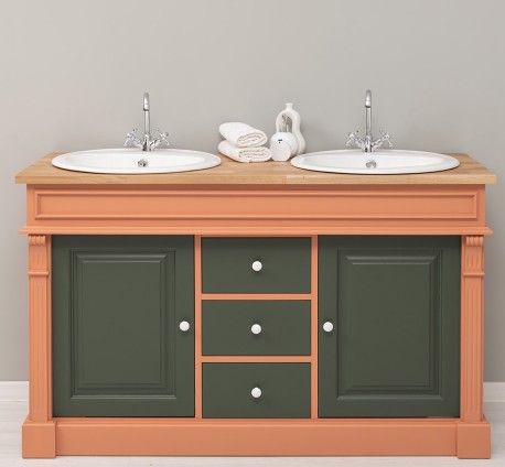 Dulap baie stejar cu 2 lavoare - lavoare incluse in pret - din stejar - Culoare Top_P061 - Cloare Corp_P112 - Culoare Usi si Ser de la Rustic Butique OUTOPS4001 - Culoare Top_P061 - Culoare Corp_P112 - Culoare Usi si Sertare_P115 - TRIPLU COLOR