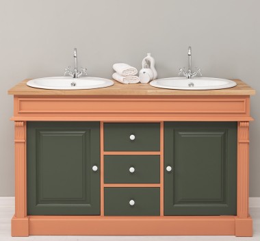 Dulap baie stejar cu 2 lavoare - lavoare incluse in pret - din stejar - Culoare Top_P061 - Cloare Corp_P112 - Culoare Usi si Ser de la Rustic Butique OUTOPS4001 - Culoare Top_P061 - Culoare Corp_P112 - Culoare Usi si Sertare_P115 - TRIPLU COLOR