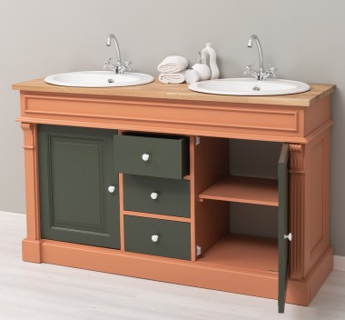Dulap baie stejar cu 2 lavoare - lavoare incluse in pret - din stejar - Culoare Top_P061 - Cloare Corp_P112 - Culoare Usi si Ser de la Rustic Butique OUTOPS4001 - Culoare Top_P061 - Culoare Corp_P112 - Culoare Usi si Sertare_P115 - TRIPLU COLOR