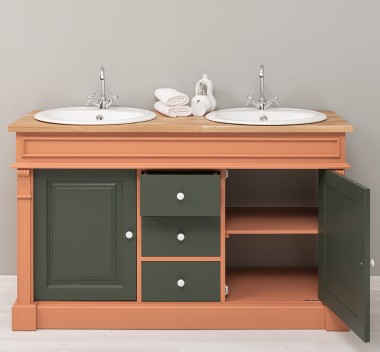 Dulap baie stejar cu 2 lavoare - lavoare incluse in pret - din stejar - Culoare Top_P061 - Cloare Corp_P112 - Culoare Usi si Ser de la Rustic Butique OUTOPS4001 - Culoare Top_P061 - Culoare Corp_P112 - Culoare Usi si Sertare_P115 - TRIPLU COLOR