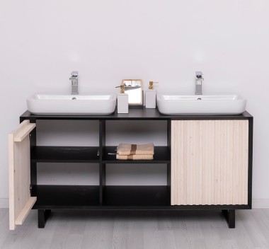 Mobila baie cu 2 usi, 2 lavoare- neinclus in preti Slatted de la Rustic Butique PS759 - Culoare Corp_P003 - Culoare Usi_P095 - DUBLU COLOR