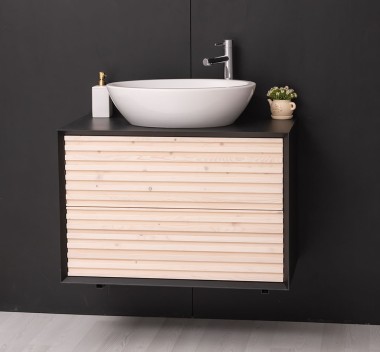 Mobila baie cu 2 sertare, lavoar- neinclus in preti Slatted de la Rustic Butique PS756 - Culoare Corp_P003 - Culoare Sertare_P095 - DUBLU COLOR