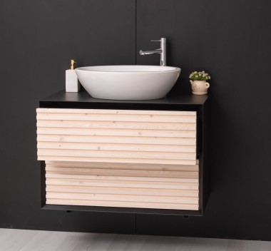Mobila baie cu 2 sertare, lavoar- neinclus in preti Slatted de la Rustic Butique PS756 - Culoare Corp_P003 - Culoare Sertare_P095 - DUBLU COLOR