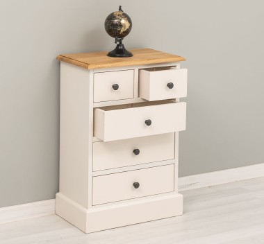 Noptiera cu 5 sertare, blat stejar de la Rustic Butique PS122 - Culoare Top_P002 - Culoare Corp_P015 - DUBLU COLOR