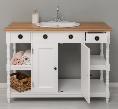 Dulap baie pentru lavoar cu 2 usi si 2 polite, blat stejar - lavoarul nu este inclus in pret de la Rustic Butique PS545 - Culoare Top_P061 - Culoare Corp_P004 - DUBLU COLOR