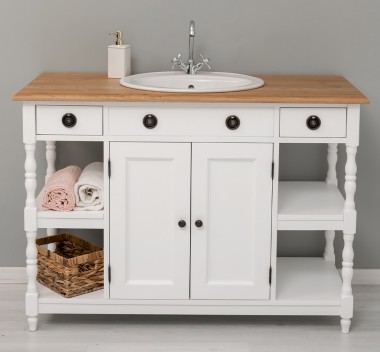Dulap baie pentru lavoar cu 2 usi si 2 polite, blat stejar - lavoarul nu este inclus in pret de la Rustic Butique PS545 - Culoare Top_P061 - Culoare Corp_P004 - DUBLU COLOR
