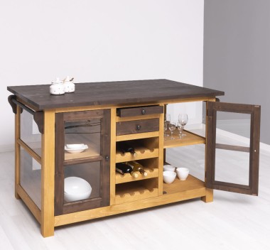 Insula de bucatarie cu usi si compartiment pentru sticle de la Rustic Butique PS608 - Culoare Top_P062 - Culoare Corp_P002 - Culoare Usi si Sertare_P062 - DUBLU COLOR