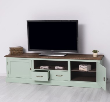 Comoda TV 2 sertare cu sine 2 usi BAS, blat stejar - Culoare Top_P064 - Culoare Ext._P092 / Culoare Int._P086 - TRIPLU COLOR de la Rustic Butique OUTPS107BAS - Culoare Top_P064 - Culoare Ext._P092 / Culoare Int._P086 - TRIPLU COLOR