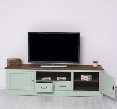 Comoda TV 2 sertare cu sine 2 usi BAS, blat stejar - Culoare Top_P064 - Culoare Ext._P092 / Culoare Int._P086 - TRIPLU COLOR de la Rustic Butique OUTPS107BAS - Culoare Top_P064 - Culoare Ext._P092 / Culoare Int._P086 - TRIPLU COLOR