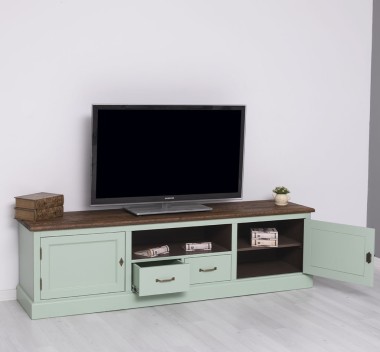 Comoda TV 2 sertare cu sine 2 usi BAS, blat stejar - Culoare Top_P064 - Culoare Ext._P092 / Culoare Int._P086 - TRIPLU COLOR de la Rustic Butique OUTPS107BAS - Culoare Top_P064 - Culoare Ext._P092 / Culoare Int._P086 - TRIPLU COLOR