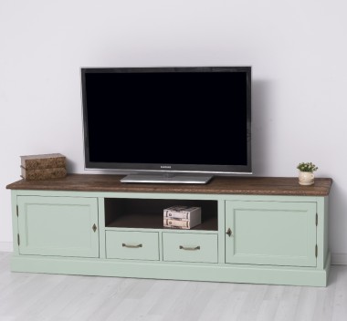 Comoda TV 2 sertare cu sine 2 usi BAS, blat stejar - Culoare Top_P064 - Culoare Ext._P092 / Culoare Int._P086 - TRIPLU COLOR de la Rustic Butique OUTPS107BAS - Culoare Top_P064 - Culoare Ext._P092 / Culoare Int._P086 - TRIPLU COLOR