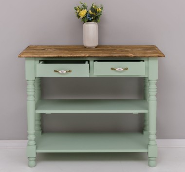Consola de perete cu picioare strunjite, doua rafturi si doua sertare de la Rustic Butique PS708 - Culoare Top_P064 - Culoare Corp_P092 - DUBLU COLOR