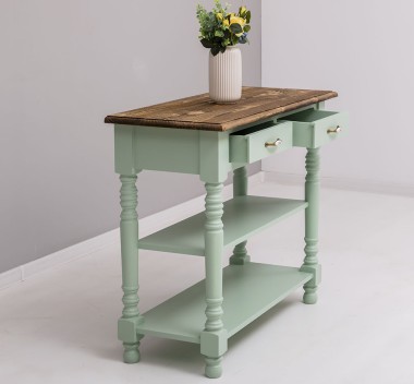 Consola de perete cu picioare strunjite, doua rafturi si doua sertare de la Rustic Butique PS708 - Culoare Top_P064 - Culoare Corp_P092 - DUBLU COLOR