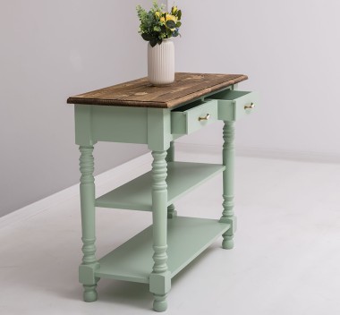 Consola de perete cu picioare strunjite, doua rafturi si doua sertare de la Rustic Butique PS708 - Culoare Top_P064 - Culoare Corp_P092 - DUBLU COLOR