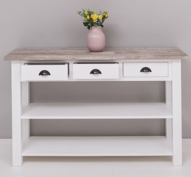 Consola cu 2 rafturi, 3 sertare, blat stejar de la Rustic Butique PS09 - Culoare Top_P067 - Culoare Corp_P004 - DUBLU COLOR