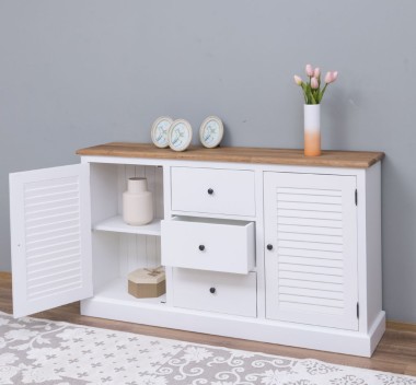 Bufet cu 2 usi, 3 sertare, blat stejar, Colectia Shutter de la Rustic Butique PS569 - Culoare Top_P089 - Culoare Corp_P039 - DUBLU COLOR